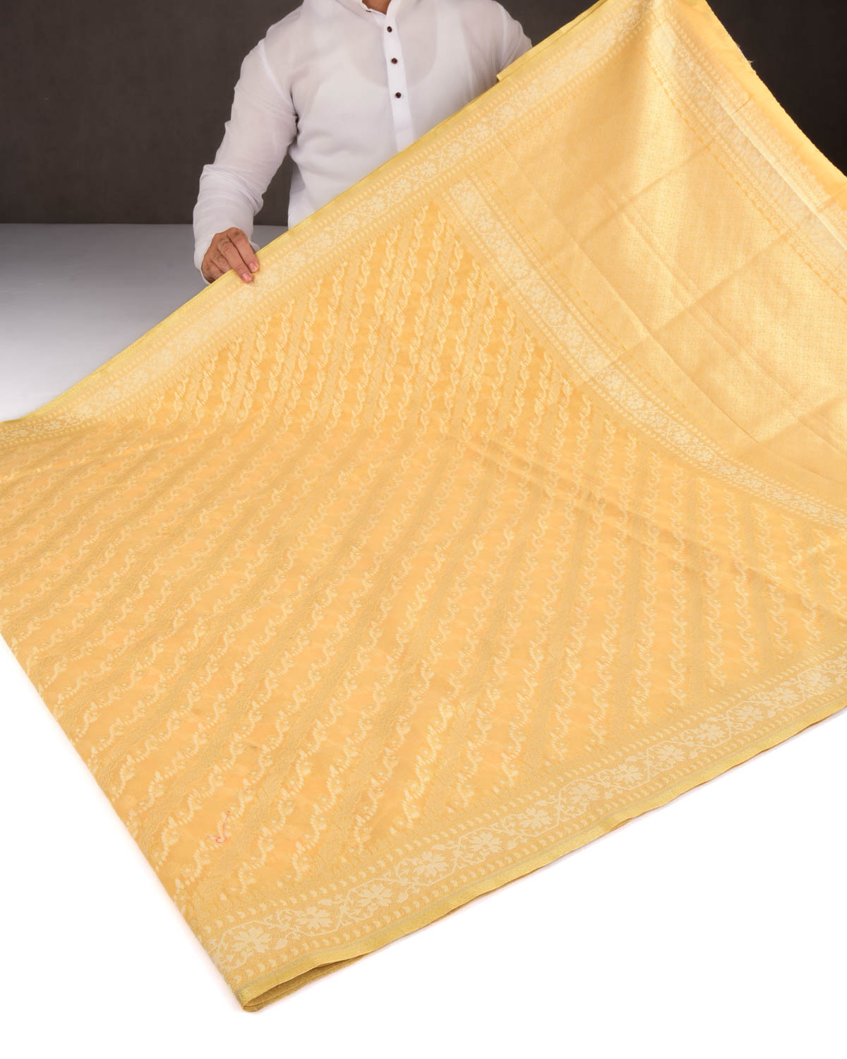 Mellow Yellow Banarasi Gold Zari & White Resham Diagonal Ornament Stripes Cutwork Brocade Handwoven Cotton Silk Saree-HolyWeaves