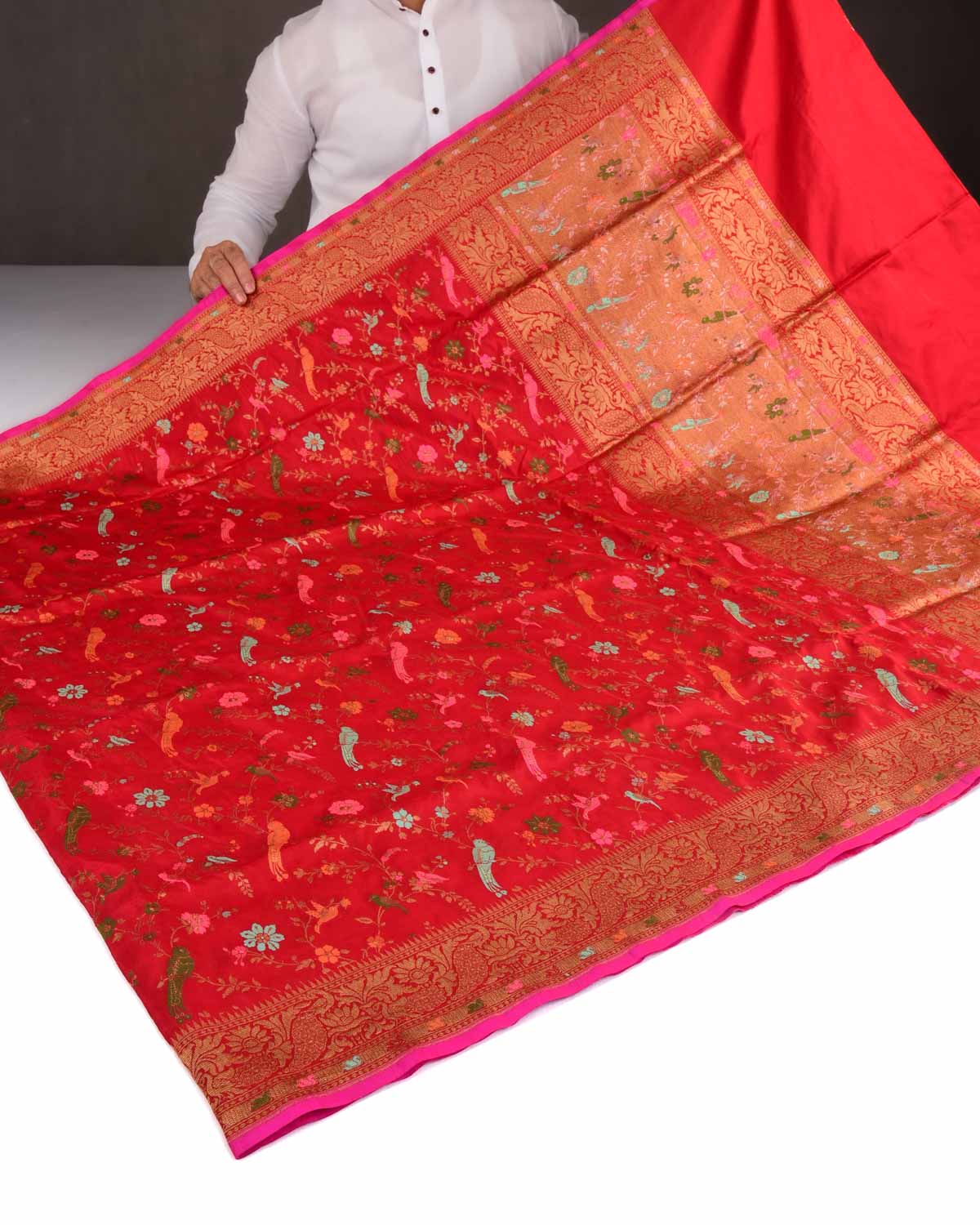 Red Banarasi Gold Zari & Multi Color Resham Birds Cutwork Brocade Handwoven Katan Silk Saree-HolyWeaves