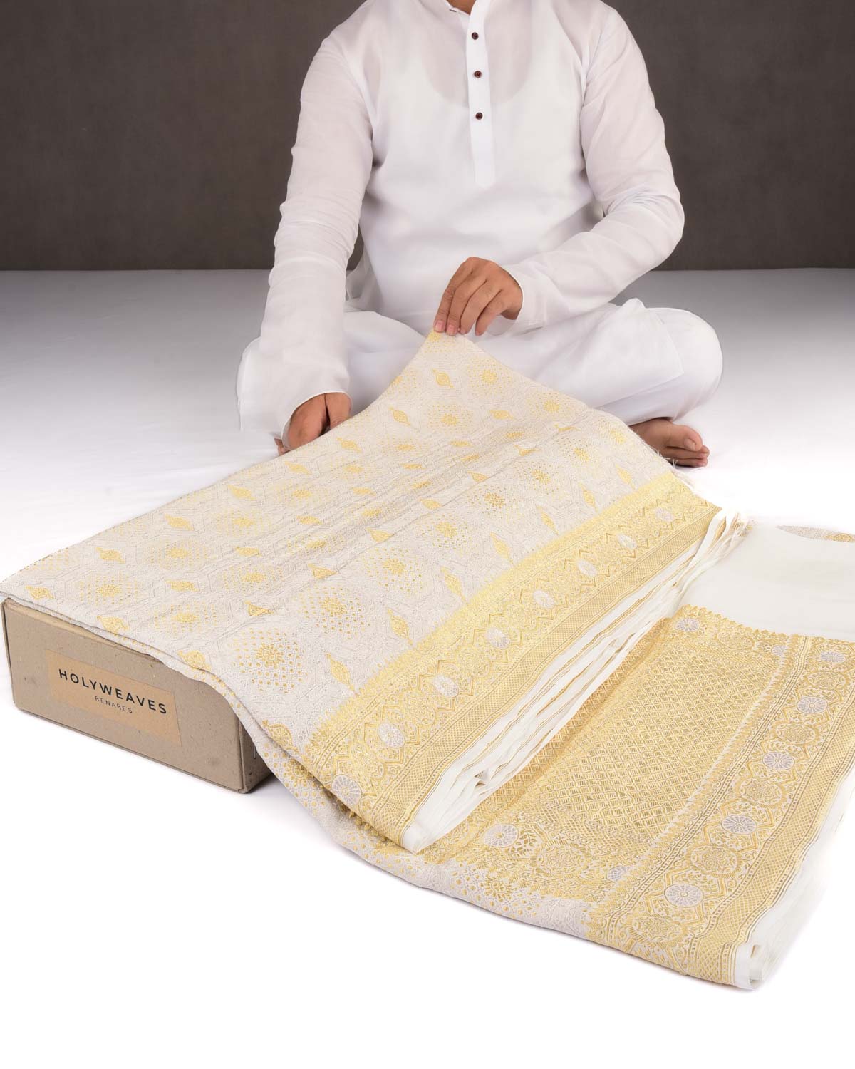White Banarasi Gold & Silver Zari Brocade Handwoven Khaddi Georgette Saree-HolyWeaves