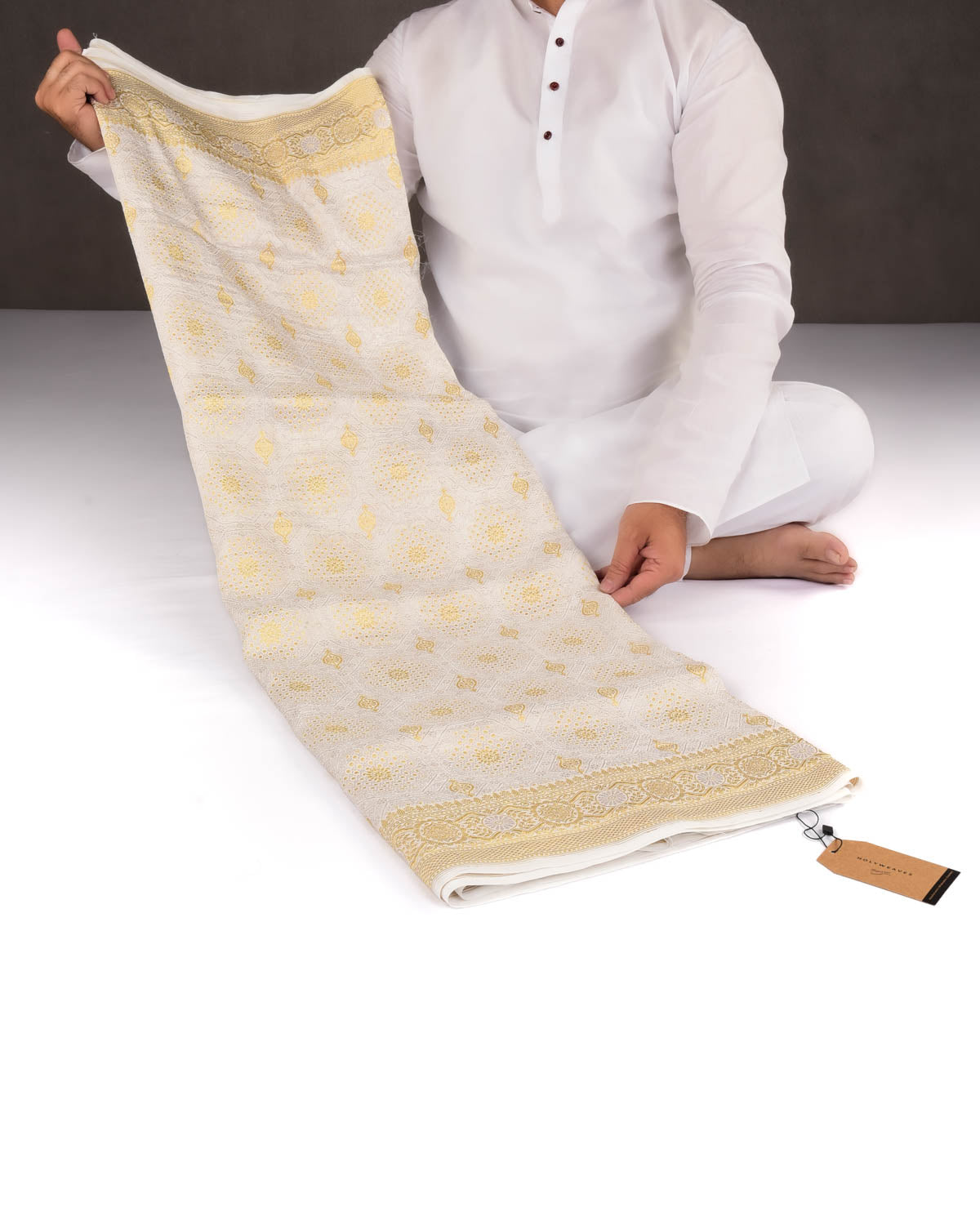 White Banarasi Gold & Silver Zari Brocade Handwoven Khaddi Georgette Saree-HolyWeaves