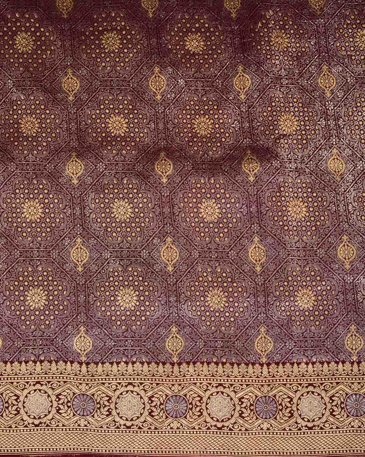 Burgundy Gold & Silver Zari Brocade Handwoven Khaddi Georgette Banarasi Saree-HolyWeaves
