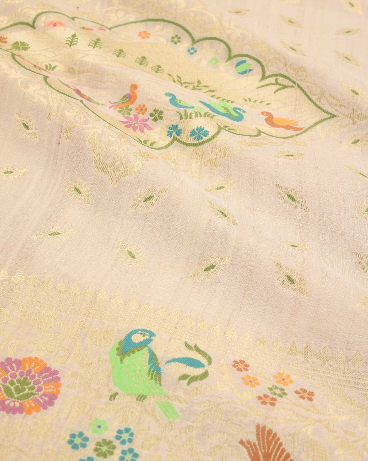 Beige Banarasi Gold Zari and Multi-color Resham Cutwork Brocade Handwoven Tasar Georgette Saree-HolyWeaves