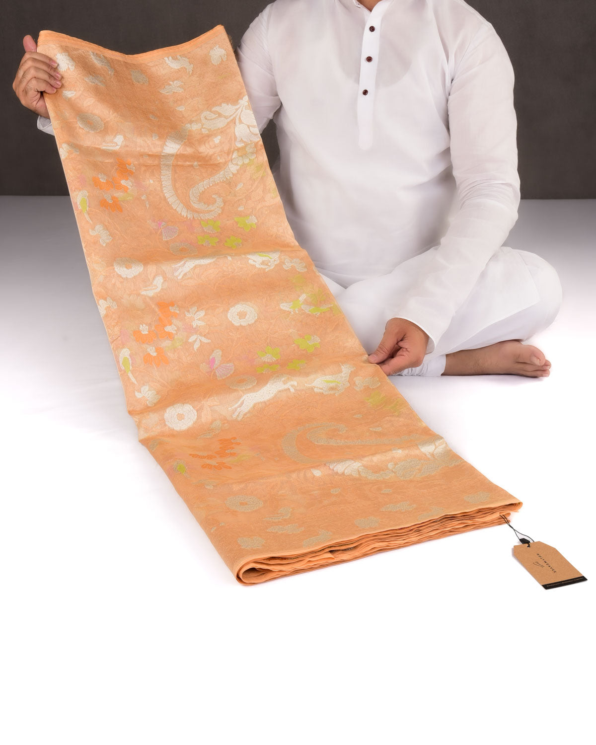 Metallic Peach Banarasi Ektara Shikargah Cutwork Brocade Handwoven Kora Tissue Saree with Koniya Buta-HolyWeaves