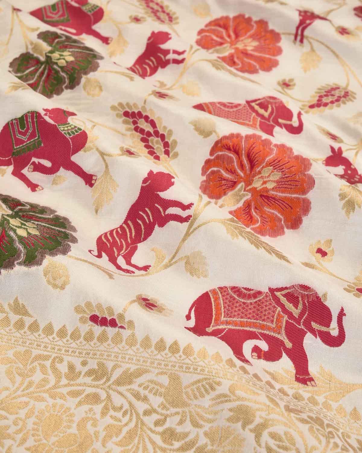 White Banarasi Gold Zari & Resham Shikargah Cutwork Brocade Handwoven Katan Silk Saree-HolyWeaves