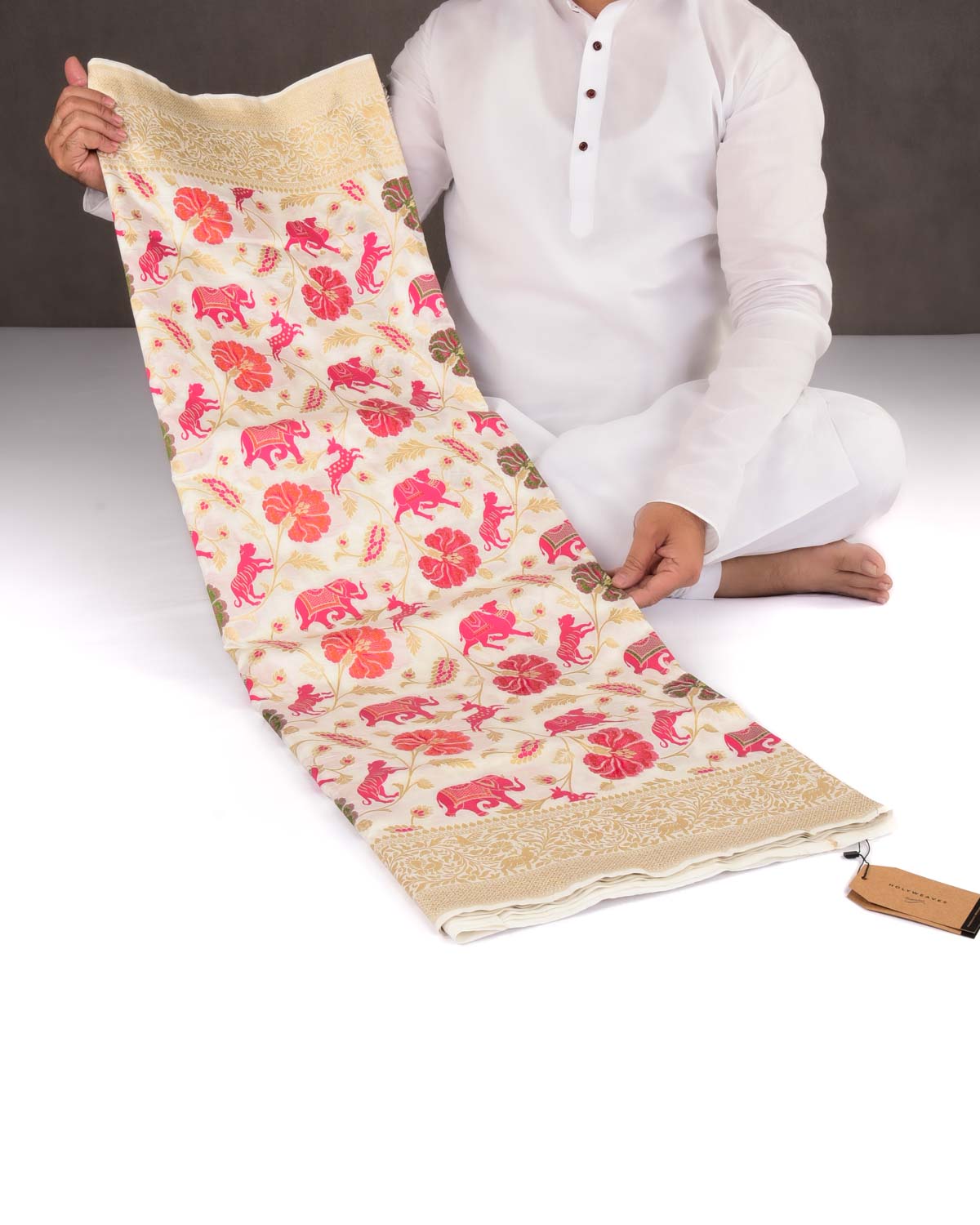 White Banarasi Gold Zari & Resham Shikargah Cutwork Brocade Handwoven Katan Silk Saree-HolyWeaves