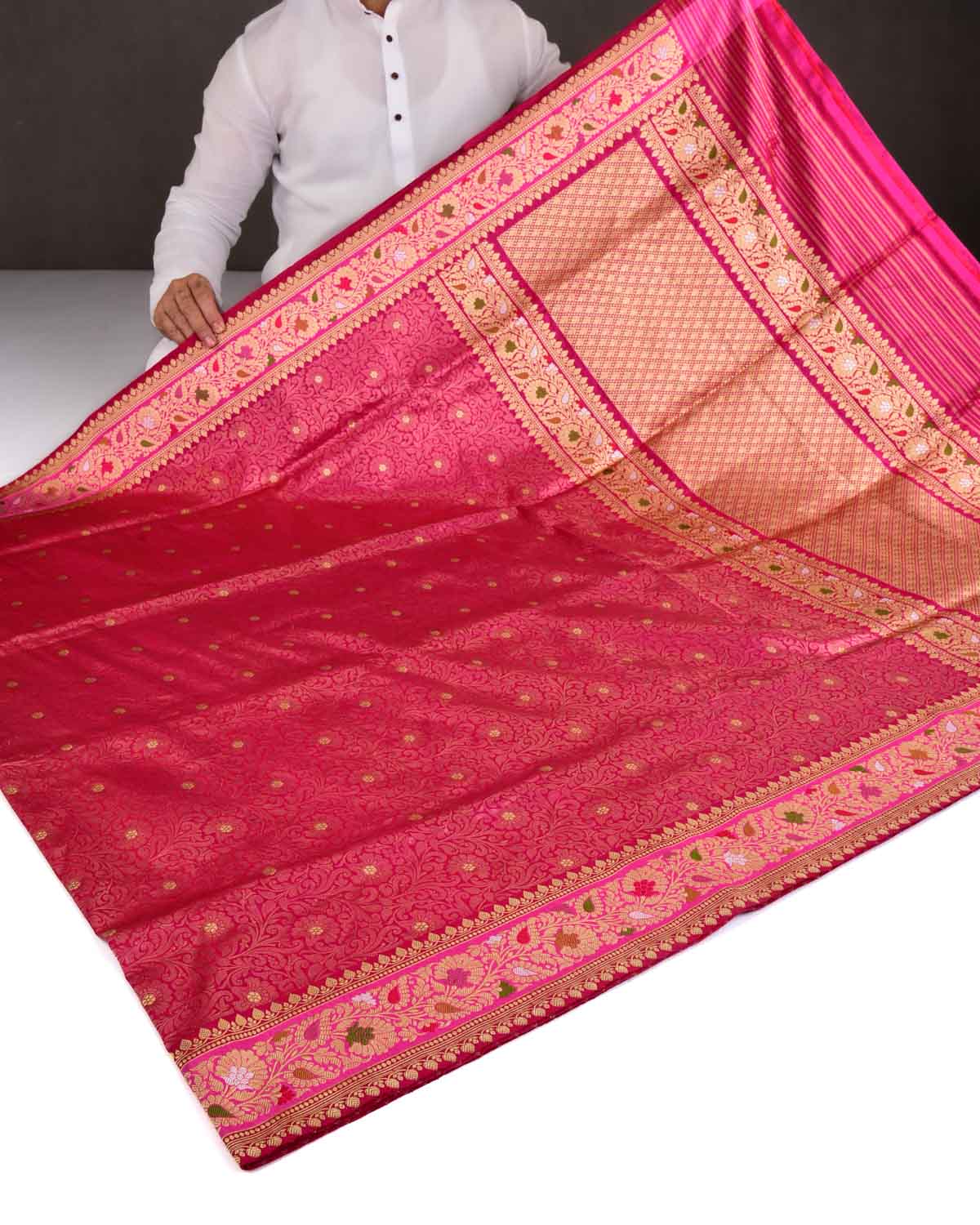 Rani Pink Banarasi Gold Zari Jaal Cutwork Brocade Handwoven Katan Silk Saree-HolyWeaves