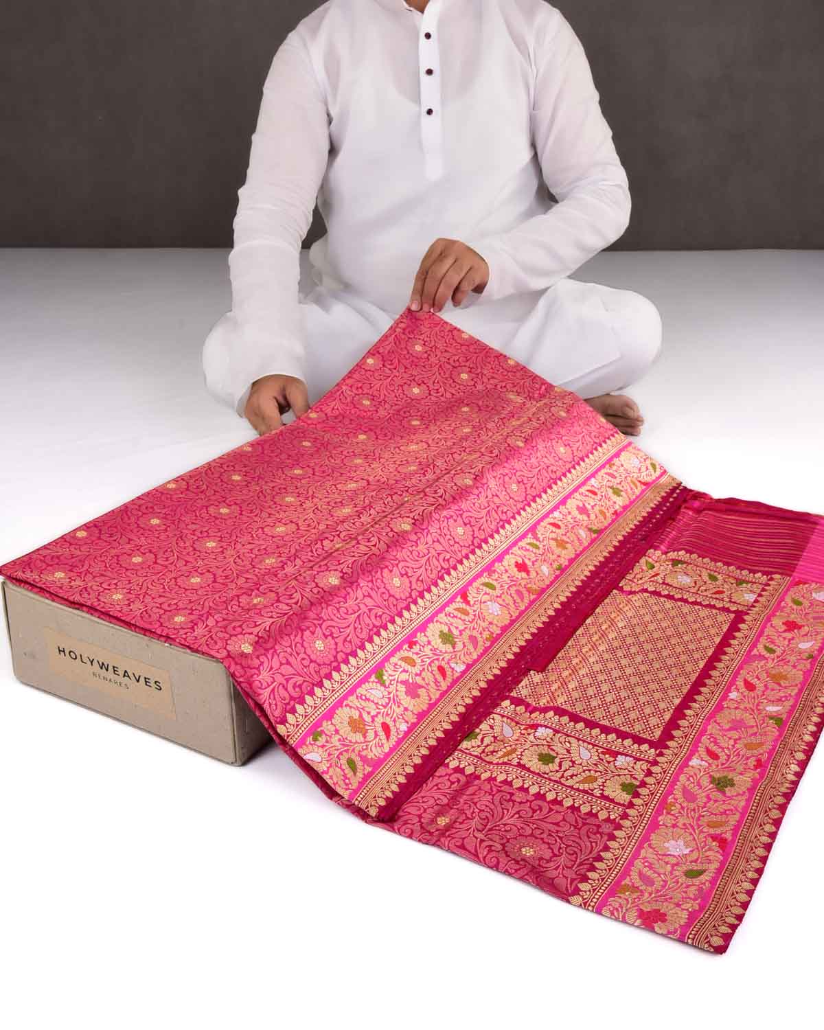 Rani Pink Banarasi Gold Zari Jaal Cutwork Brocade Handwoven Katan Silk Saree-HolyWeaves