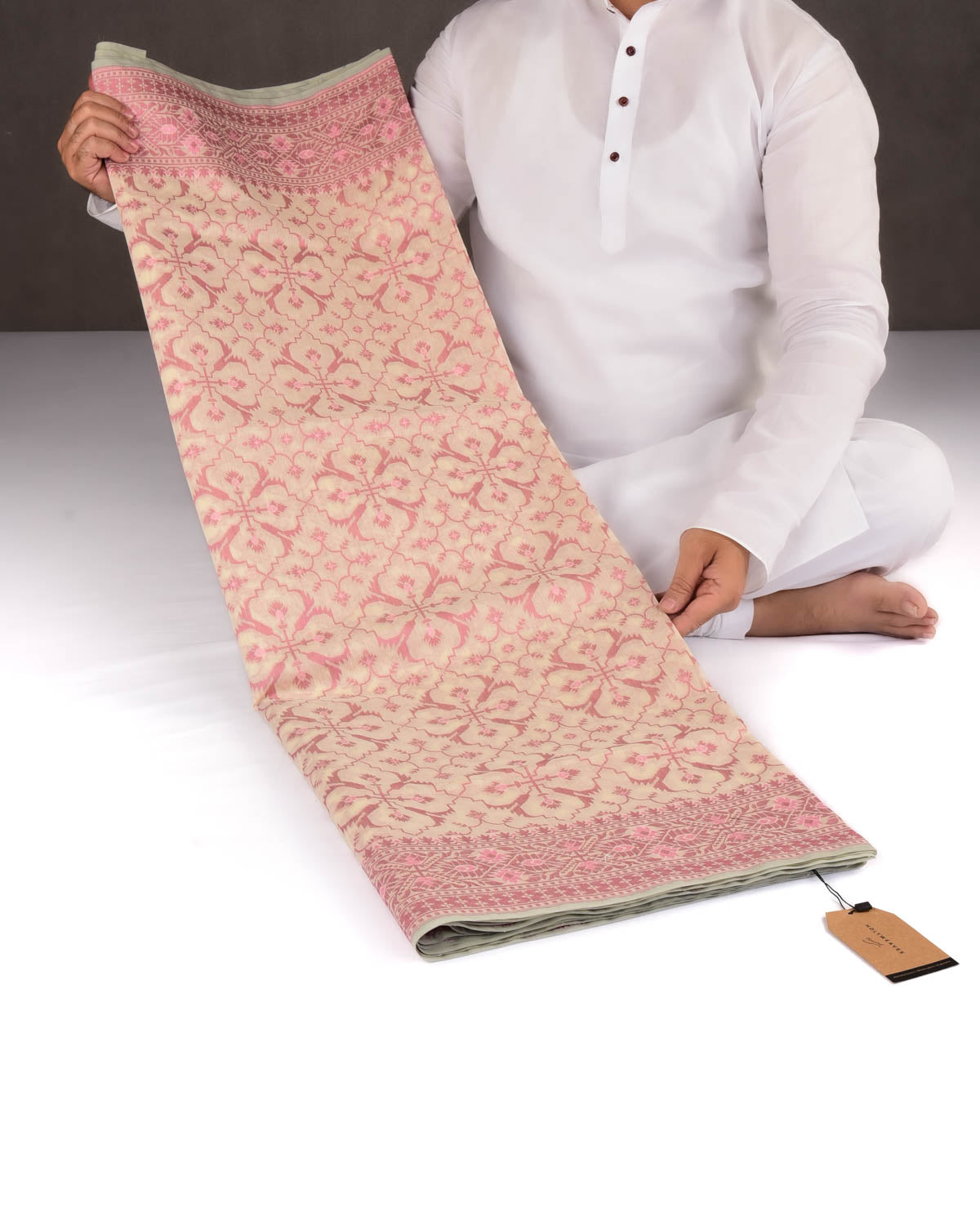 Mauve On Cream Banarasi Resham Patola Cutwork Brocade Woven Art Cotton Silk Saree-HolyWeaves
