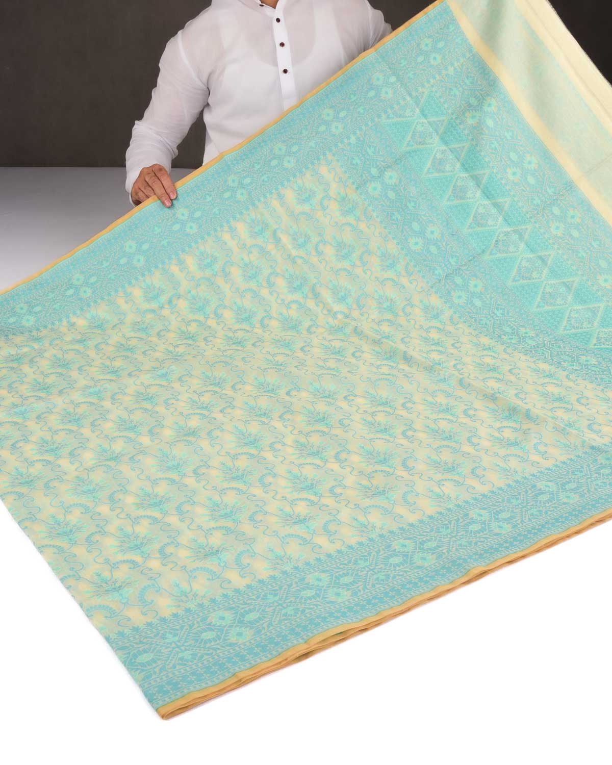 Blue On Cream Banarasi Resham Patola Cutwork Brocade Woven Art Cotton Silk Saree-HolyWeaves