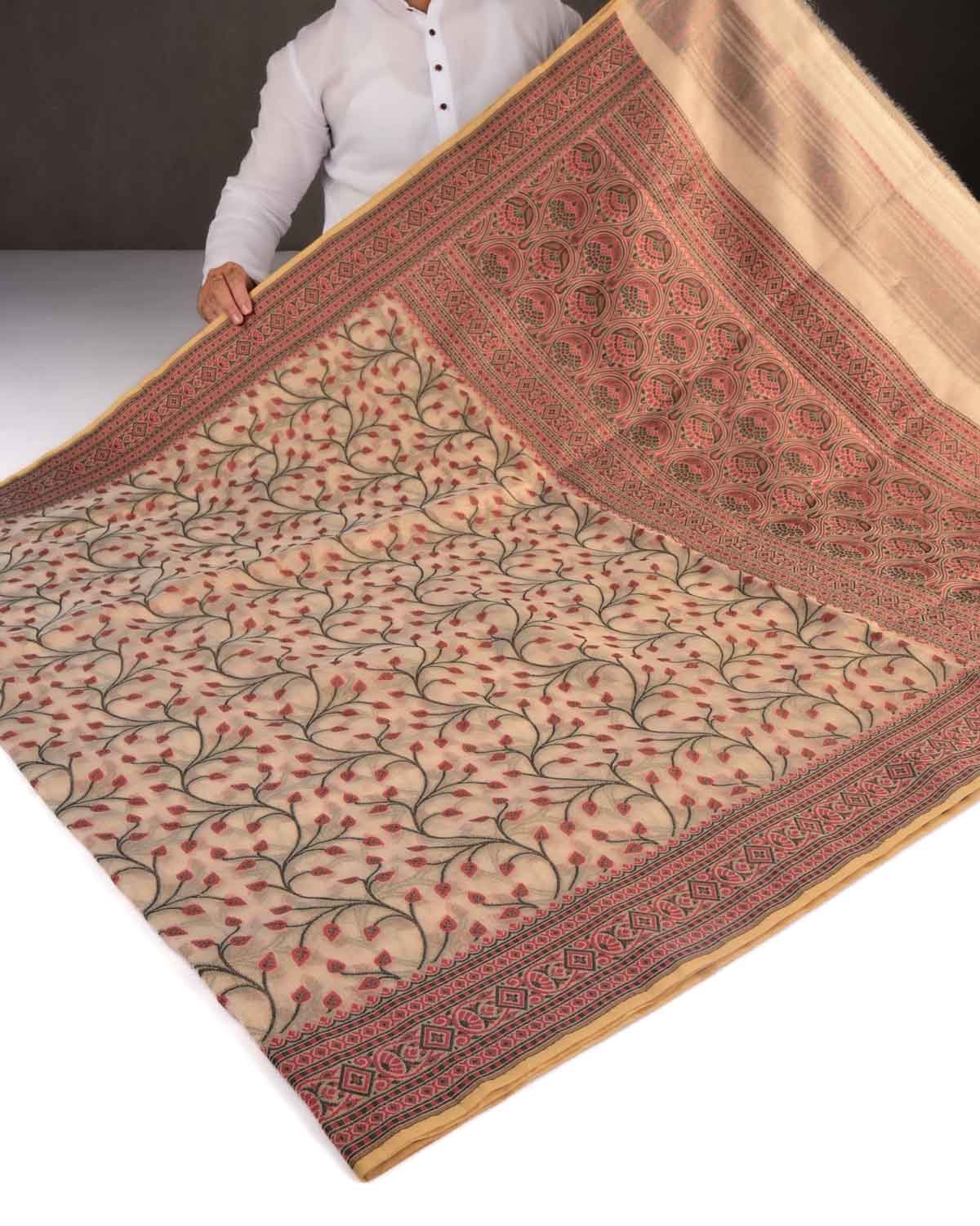 Metallic Gold Banarasi Resham Leaf Jaal Cutwork Brocade Woven Tissue Saree-HolyWeaves