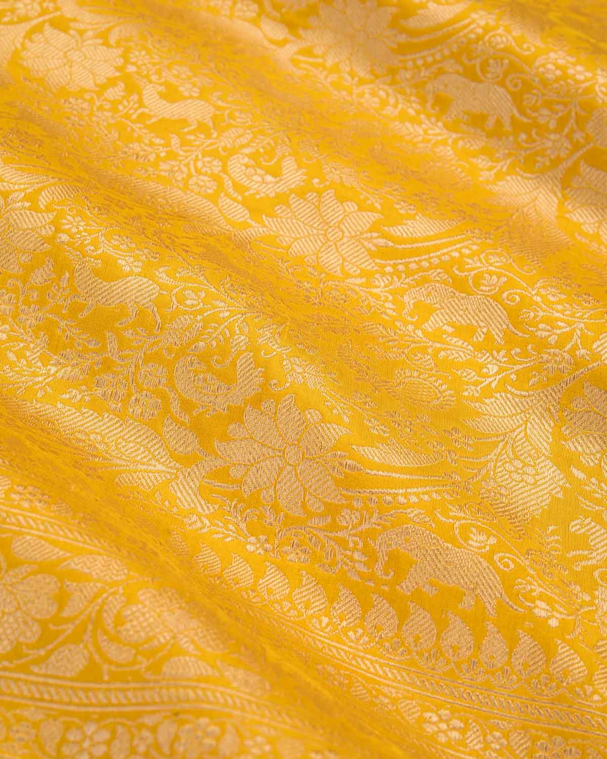 Yellow Banarasi Gold Zari Shikargah Cutwork Brocade Handwoven Katan Silk Saree-HolyWeaves