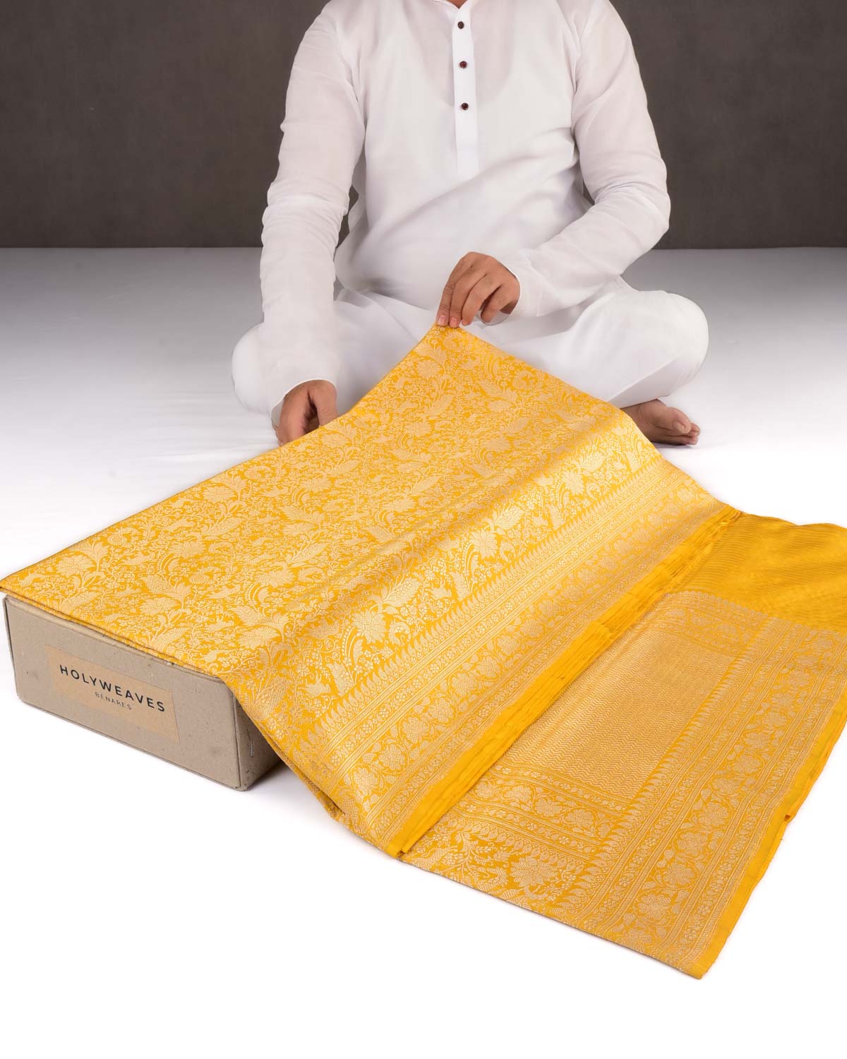 Yellow Banarasi Gold Zari Shikargah Cutwork Brocade Handwoven Katan Silk Saree-HolyWeaves