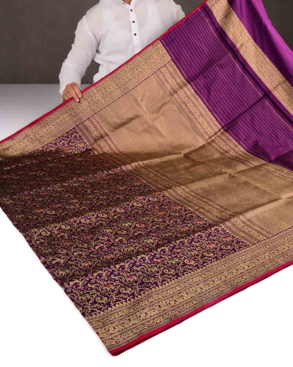 Purple Banarasi Gold Zari Shikargah Cutwork Brocade Handwoven Katan Silk Saree-HolyWeaves