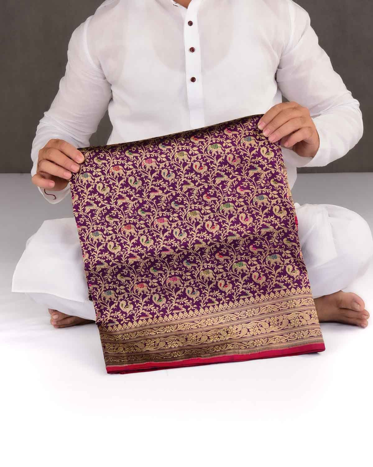 Purple Banarasi Gold Zari Shikargah Cutwork Brocade Handwoven Katan Silk Saree-HolyWeaves