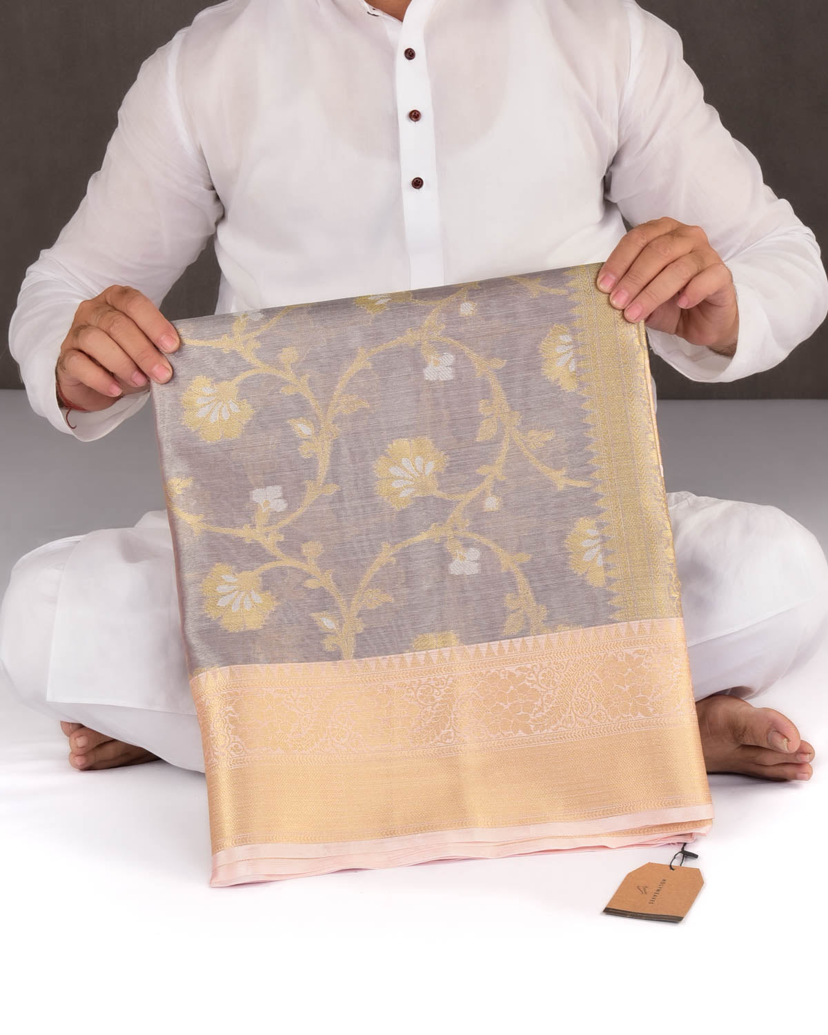 Metallic Gray Pink Banarasi Gold & Silver Zari Floral Jaal Cutwork Brocade Woven Art Cotton Tissue Saree-HolyWeaves
