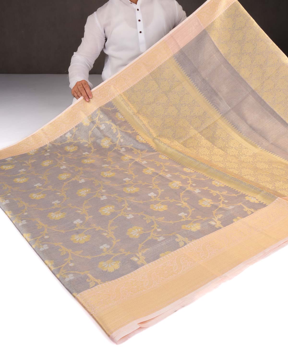 Metallic Gray Pink Banarasi Gold & Silver Zari Floral Jaal Cutwork Brocade Woven Art Cotton Tissue Saree-HolyWeaves