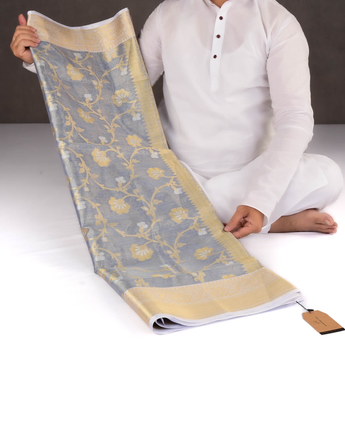 Metallic Gray Blue Banarasi Gold & Silver Zari Floral Jaal Cutwork Brocade Woven Art Cotton Tissue Saree-HolyWeaves