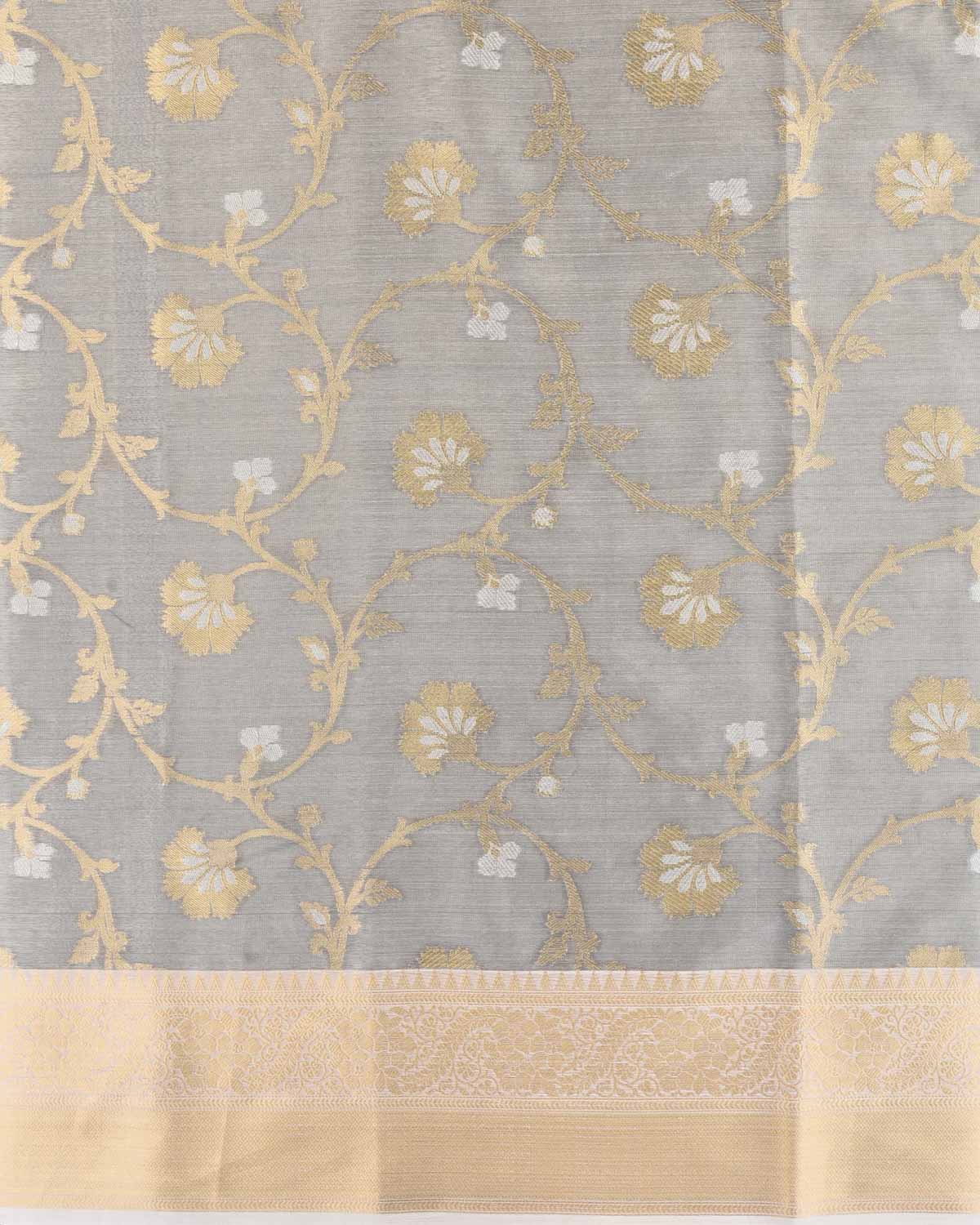 Metallic Gray Blue Banarasi Gold & Silver Zari Floral Jaal Cutwork Brocade Woven Art Cotton Tissue Saree-HolyWeaves