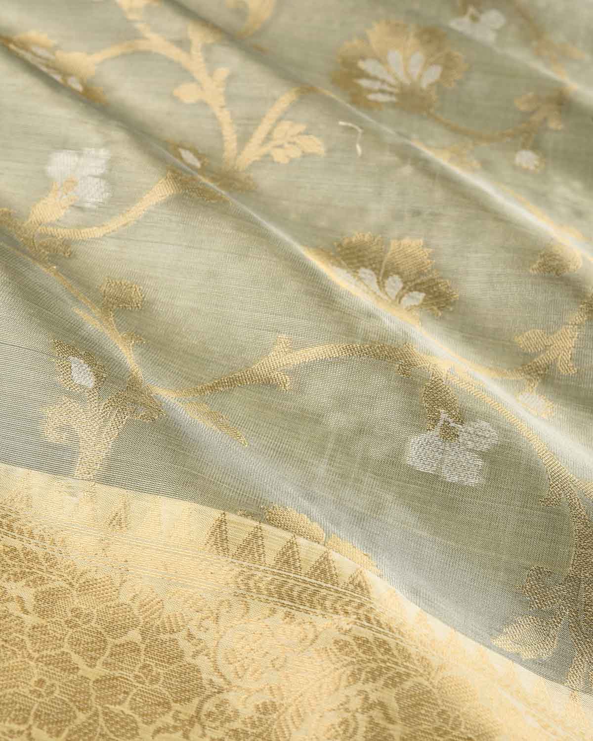 Metallic Gray Green Banarasi Gold & Silver Zari Floral Jaal Cutwork Brocade Woven Art Cotton Tissue Saree-HolyWeaves