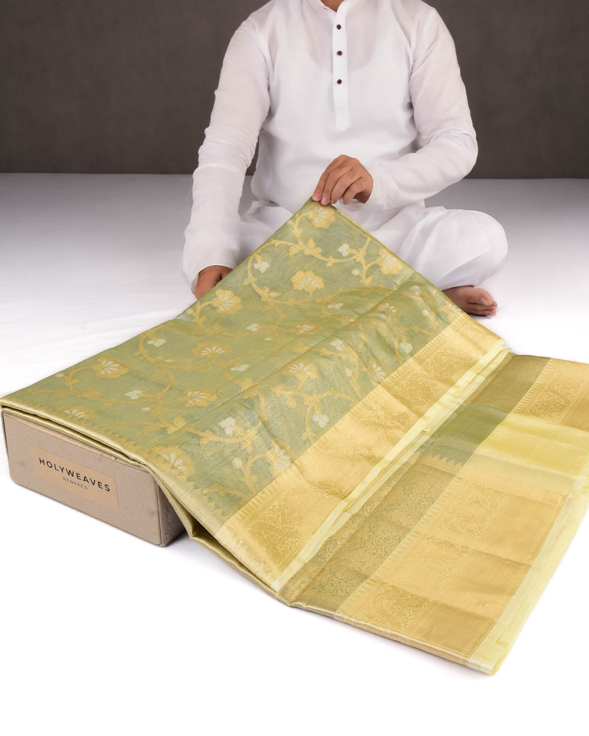 Metallic Gray Green Banarasi Gold & Silver Zari Floral Jaal Cutwork Brocade Woven Art Cotton Tissue Saree-HolyWeaves