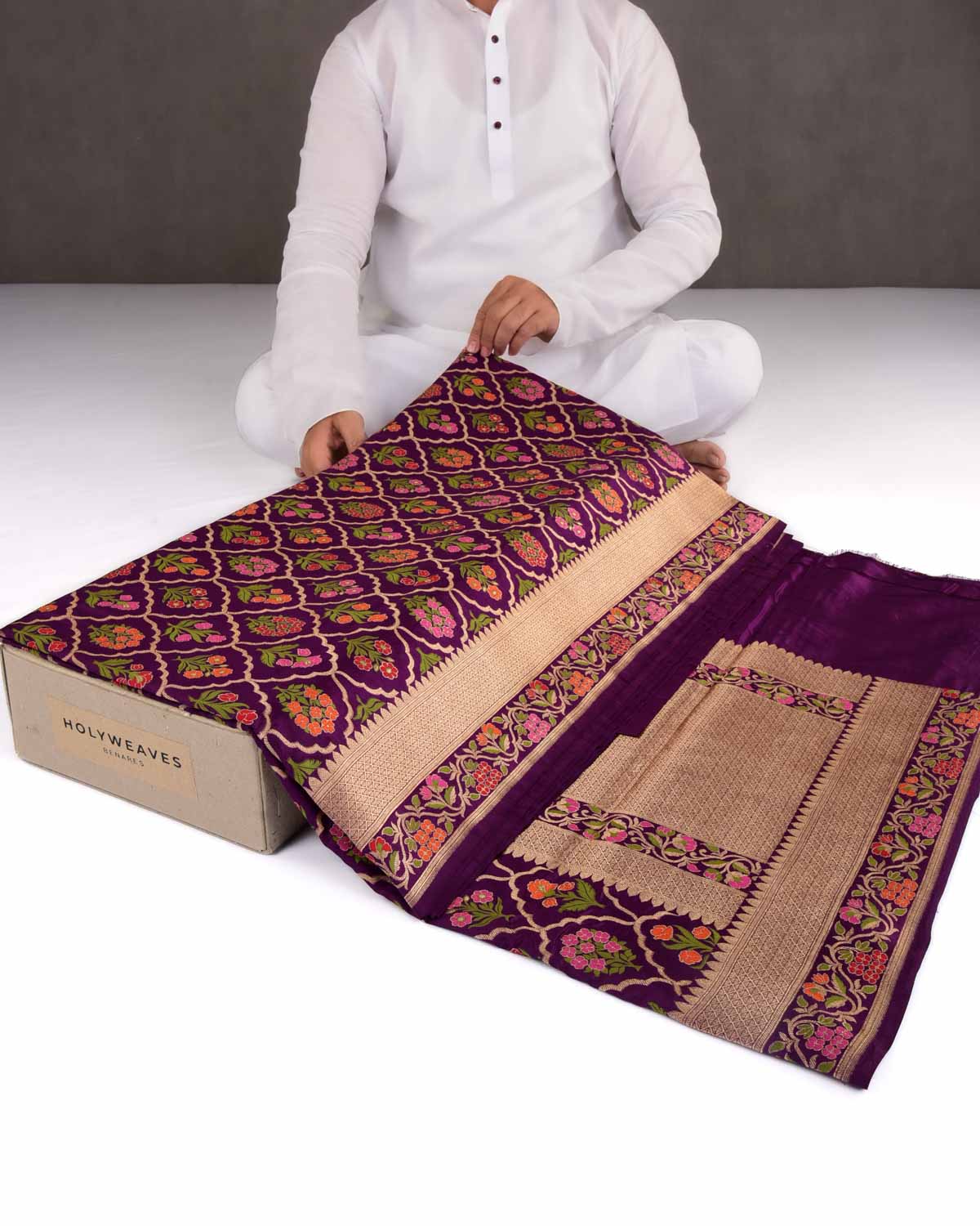 Purple Banarasi Gold Zari & Resham Jangla Cutwork Brocade Handwoven Katan Silk Saree-HolyWeaves
