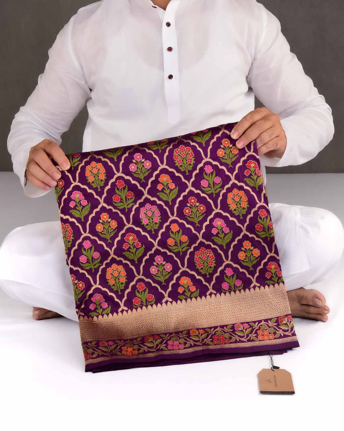 Purple Banarasi Gold Zari & Resham Jangla Cutwork Brocade Handwoven Katan Silk Saree-HolyWeaves