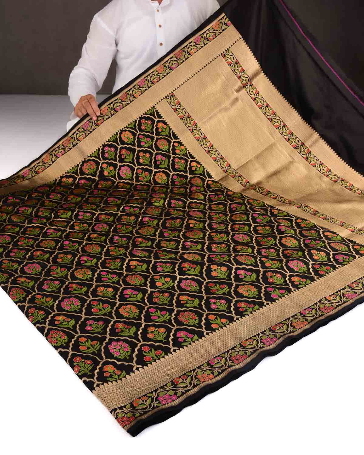 Black Banarasi Gold Zari & Resham Jangla Cutwork Brocade Handwoven Katan Silk Saree-HolyWeaves