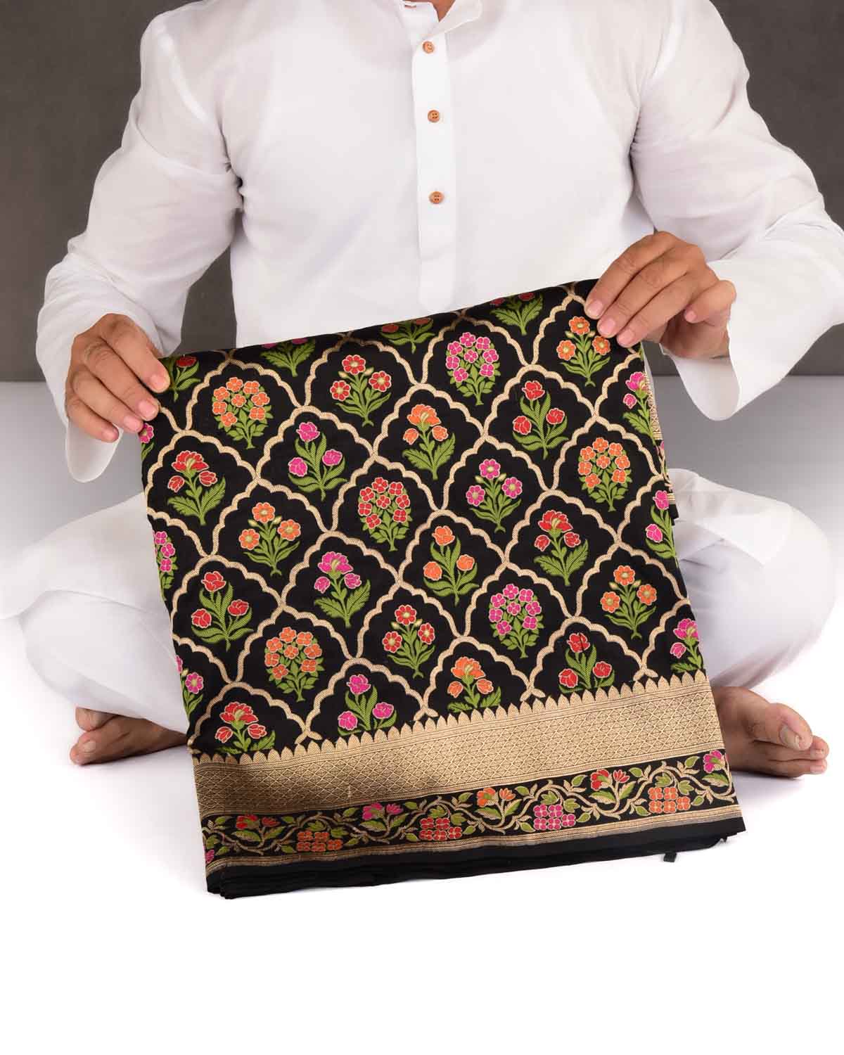 Black Banarasi Gold Zari & Resham Jangla Cutwork Brocade Handwoven Katan Silk Saree