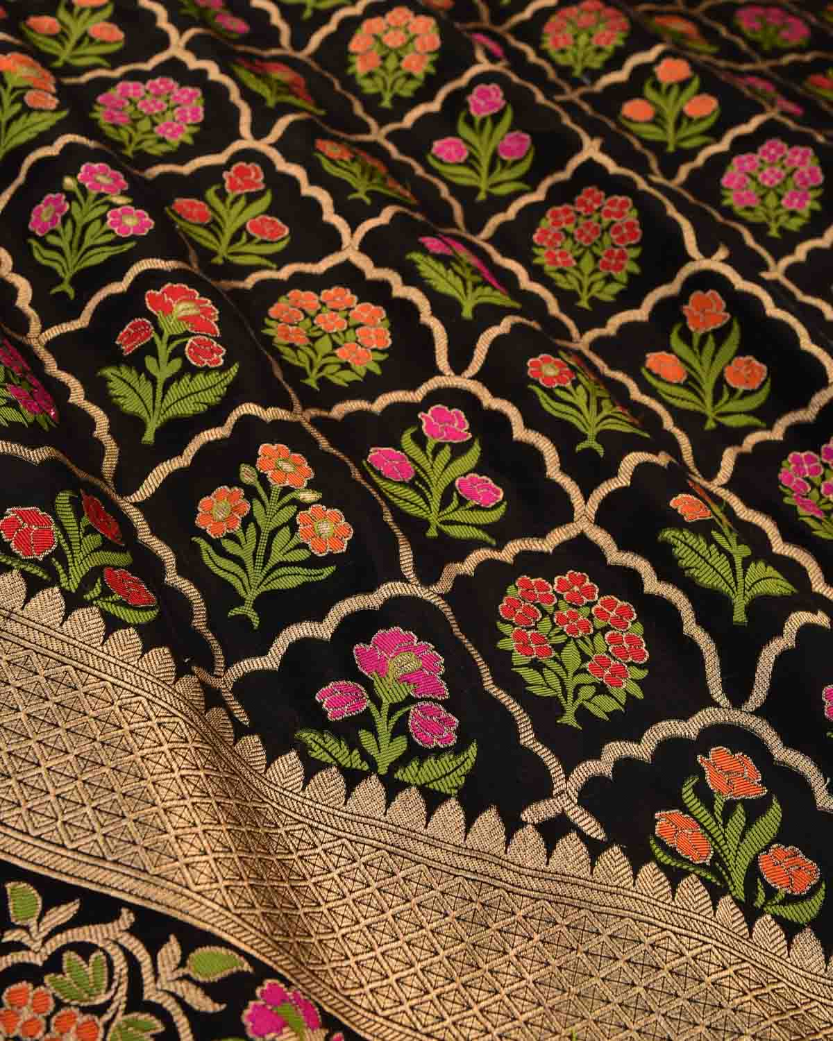 Black Banarasi Gold Zari & Resham Jangla Cutwork Brocade Handwoven Katan Silk Saree-HolyWeaves