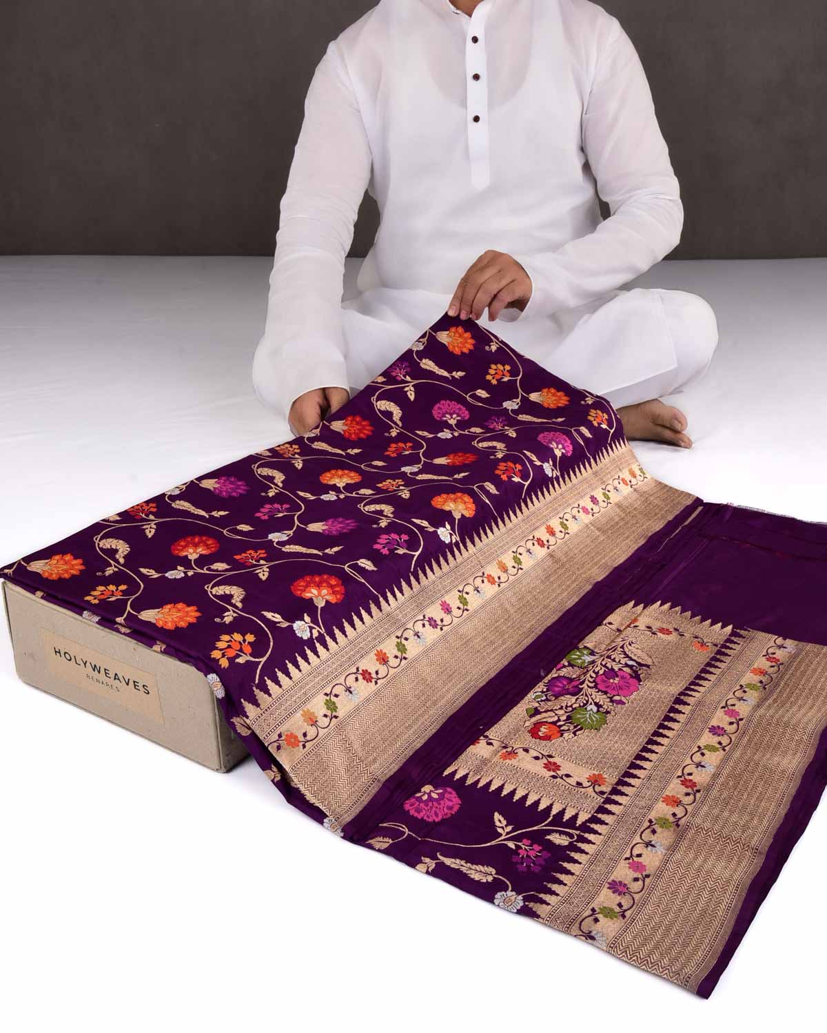 Purple Banarasi Gold Zari & Resham Jaal Cutwork Brocade Handwoven Katan Silk Saree-HolyWeaves