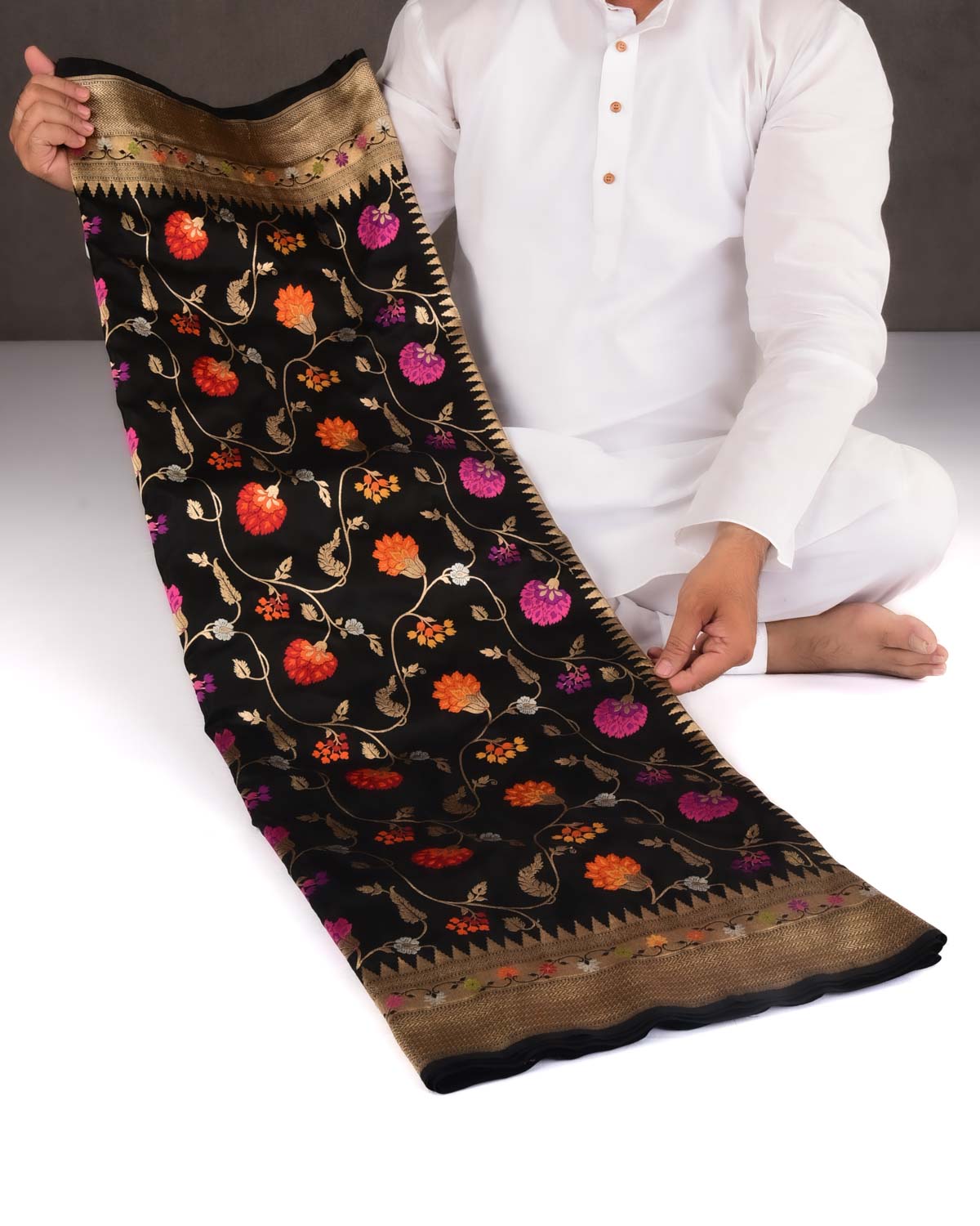 Black Banarasi Gold Zari & Resham Jaal Cutwork Brocade Handwoven Katan Silk Saree-HolyWeaves