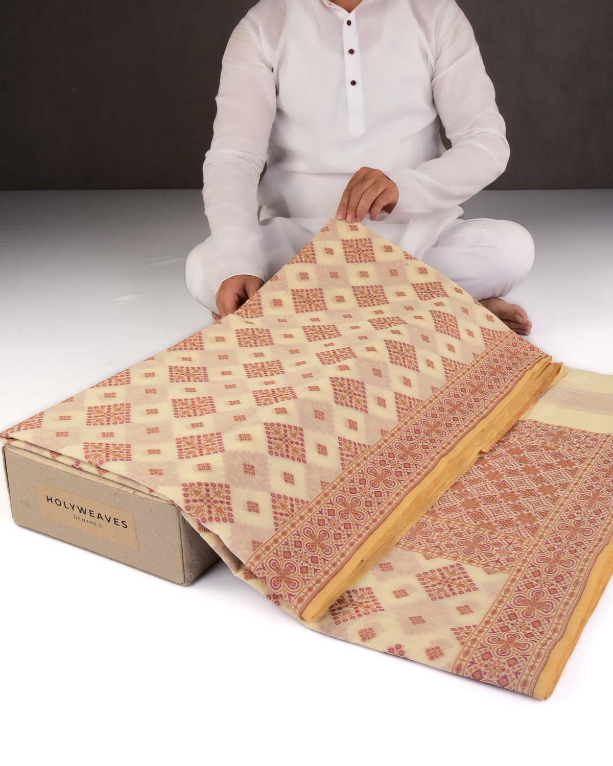 Maroon On Cream Banarasi Alfi Resham Cutwork Brocade Woven Art Cotton Silk Saree-HolyWeaves