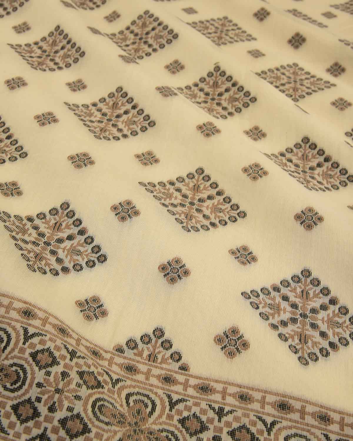 Black On Cream Banarasi Alfi Resham Cutwork Brocade Woven Art Cotton Silk Saree-HolyWeaves