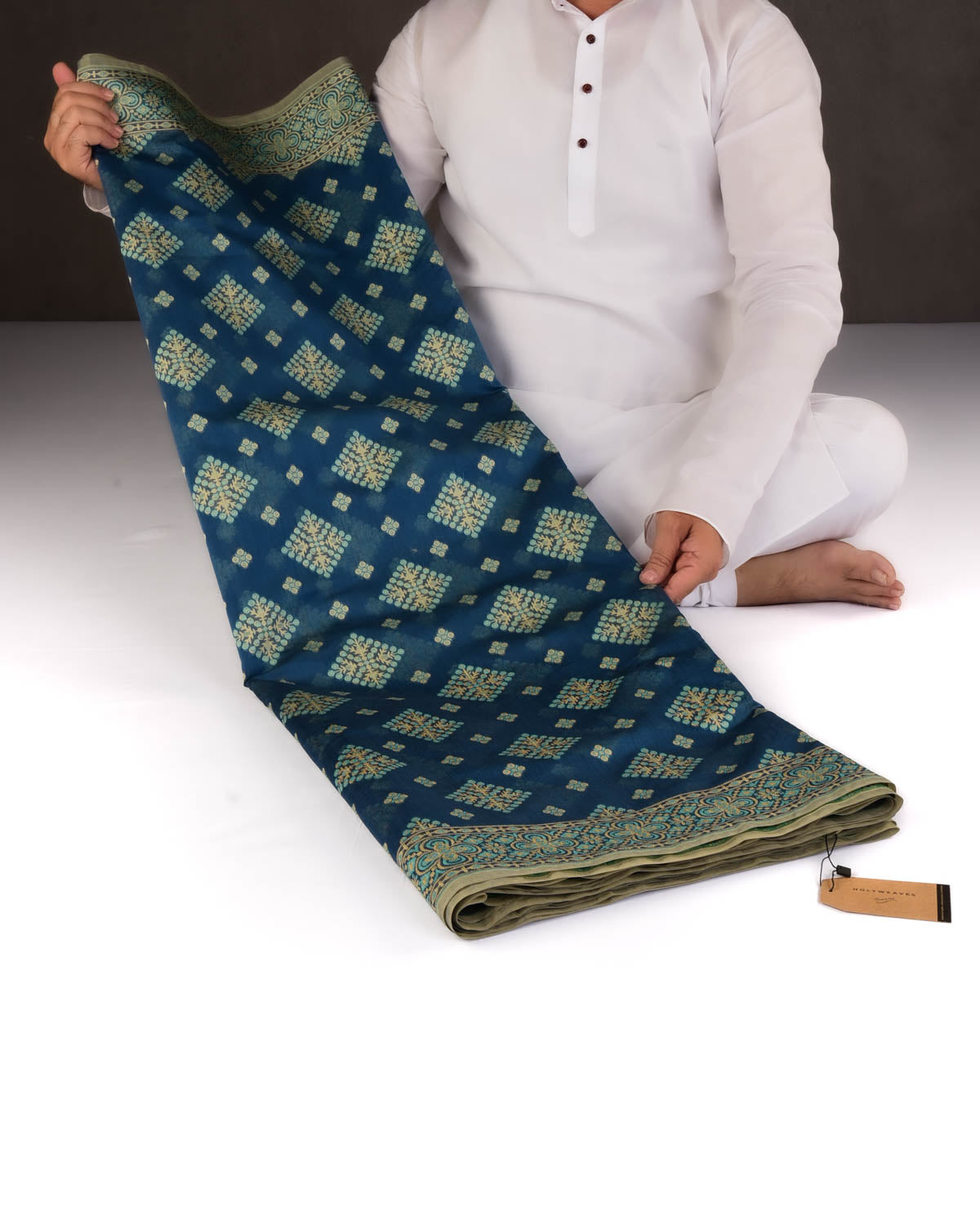 Teal Blue Banarasi Alfi Resham Cutwork Brocade Woven Art Cotton Silk Saree-HolyWeaves