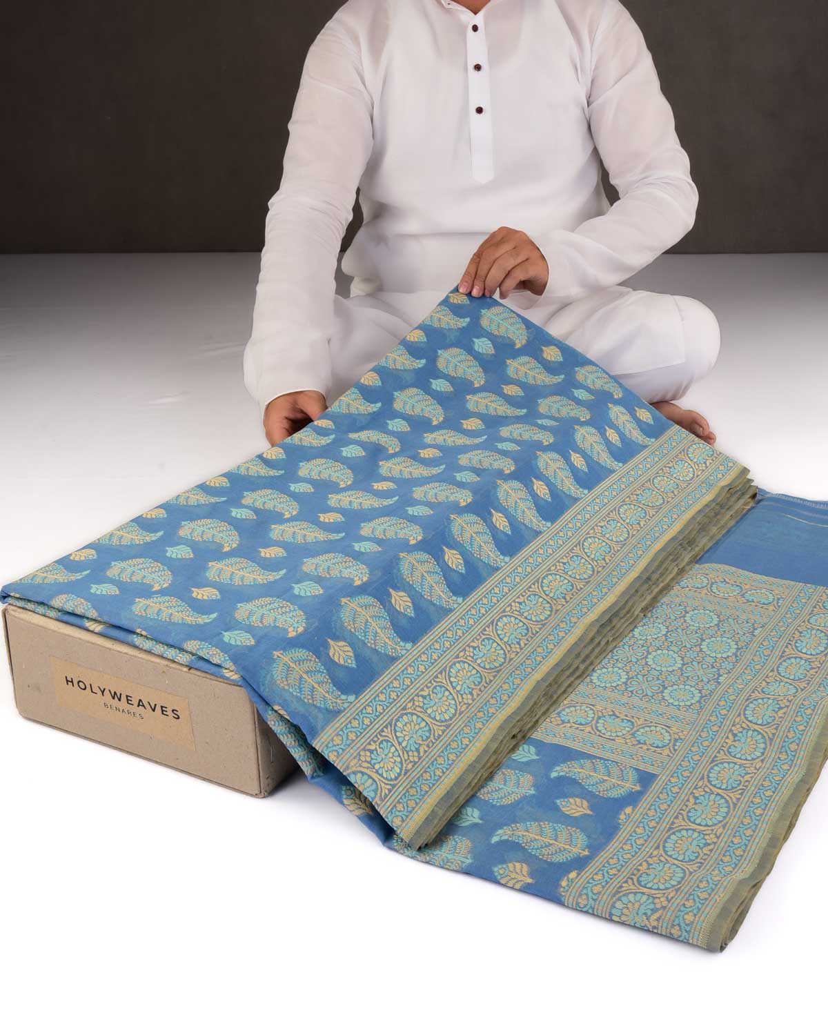 Blue Banarasi Leaf Paisley Alfi Resham Cutwork Brocade Woven Art Cotton Silk Saree-HolyWeaves