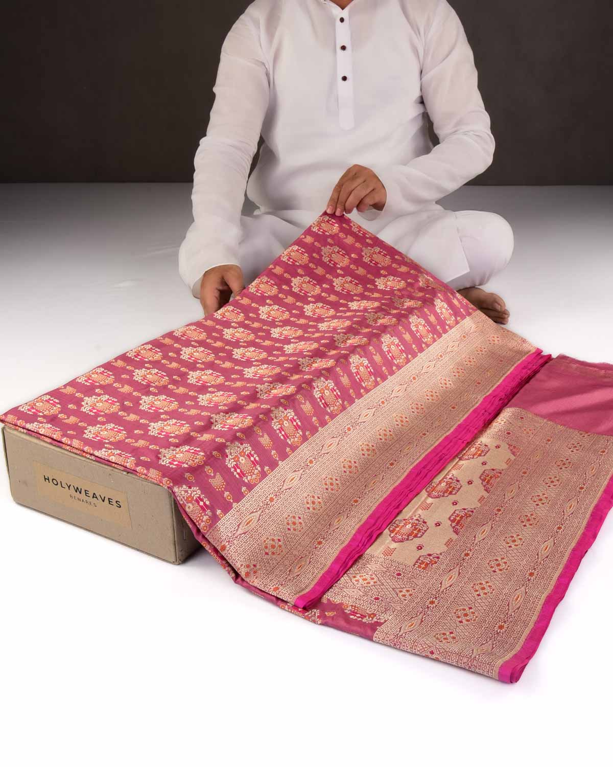 Thulian Pink Banarasi Gold Zari & Resham Tehri Cutwork Brocade Handwoven Katan Silk Saree-HolyWeaves