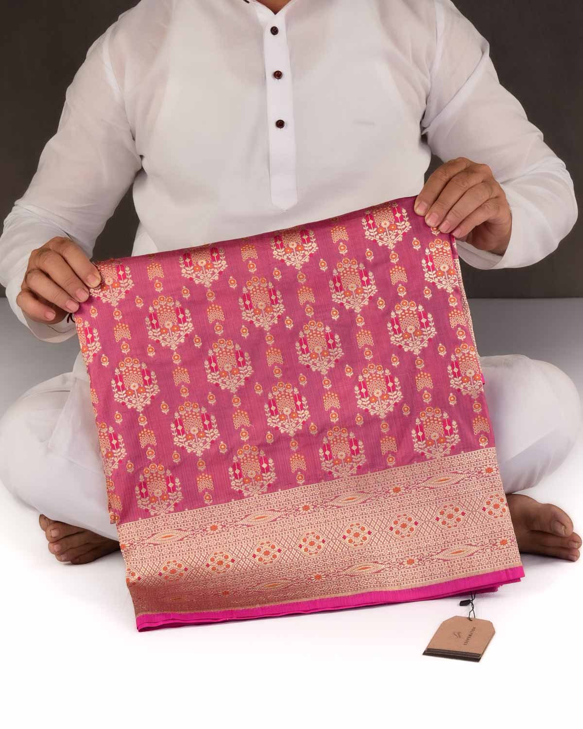 Thulian Pink Banarasi Gold Zari & Resham Tehri Cutwork Brocade Handwoven Katan Silk Saree-HolyWeaves