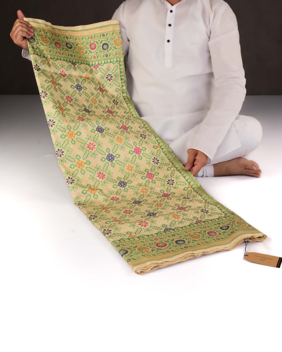 Cream Banarasi Patola Cutwork Brocade Handwoven Katan Silk Saree-HolyWeaves