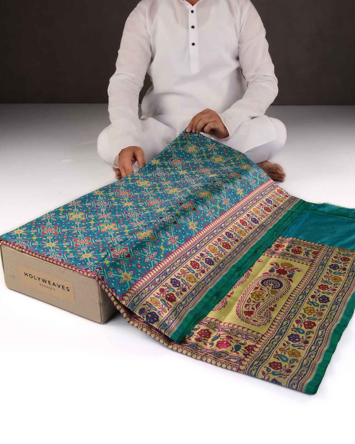 Shot Blue-Green Banarasi Patola Cutwork Brocade Handwoven Katan Silk Saree-HolyWeaves
