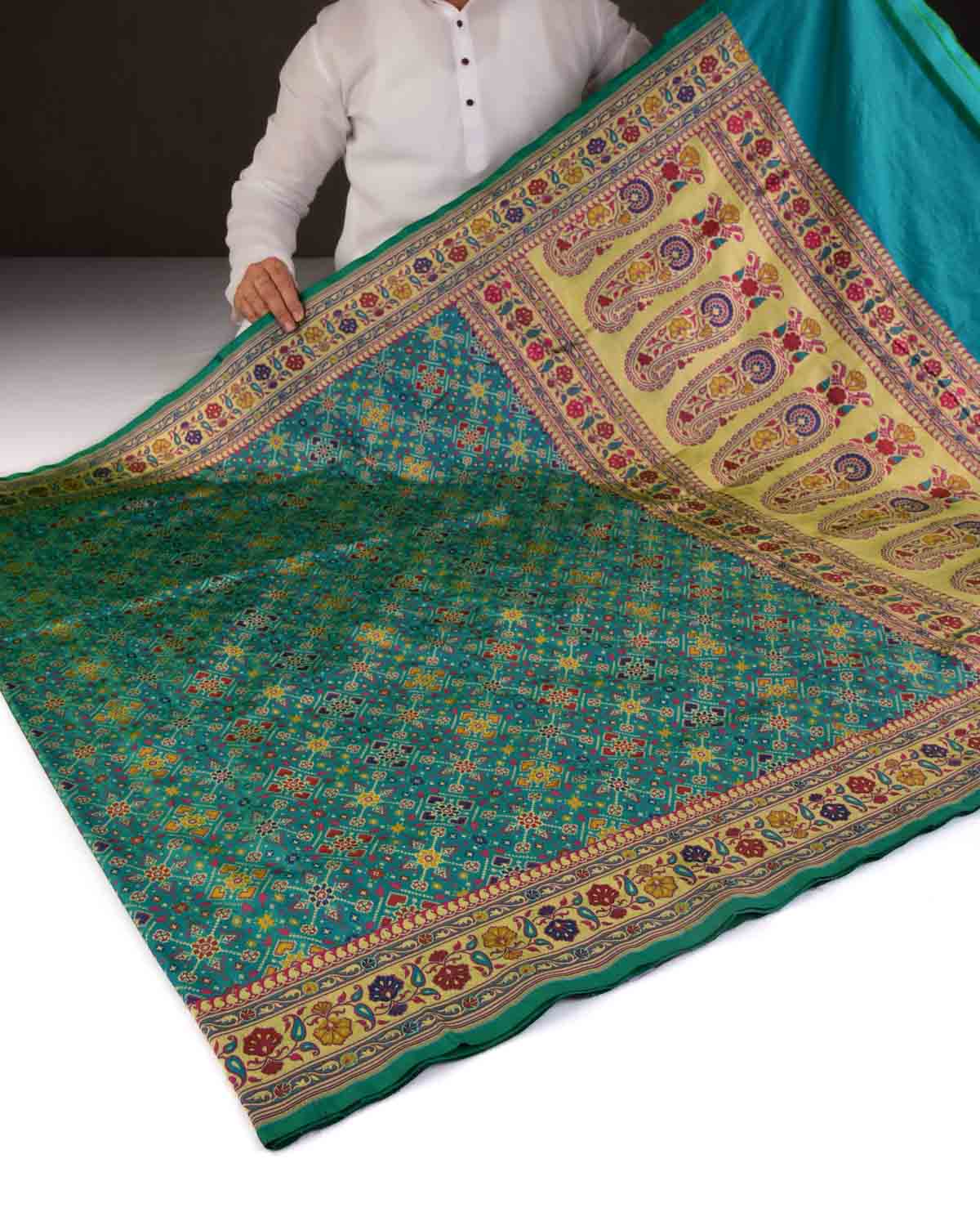 Shot Blue-Green Banarasi Patola Cutwork Brocade Handwoven Katan Silk Saree-HolyWeaves