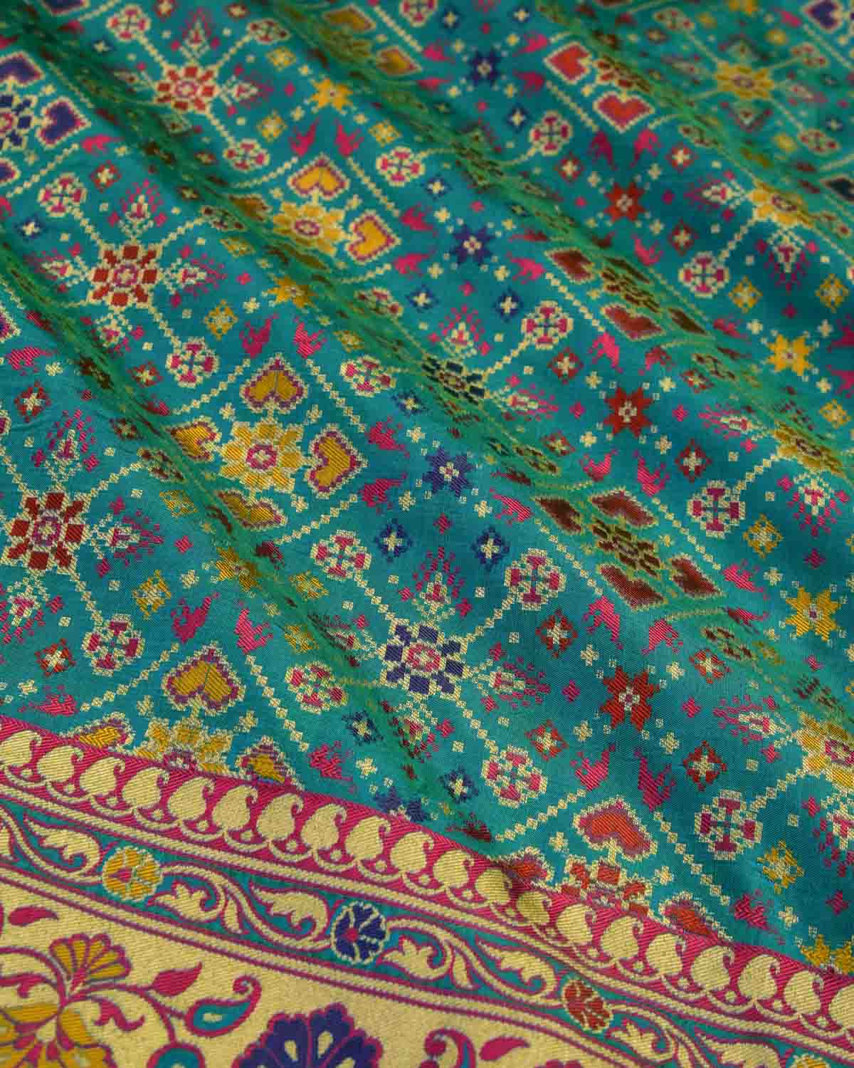 Shot Blue-Green Banarasi Patola Cutwork Brocade Handwoven Katan Silk Saree-HolyWeaves