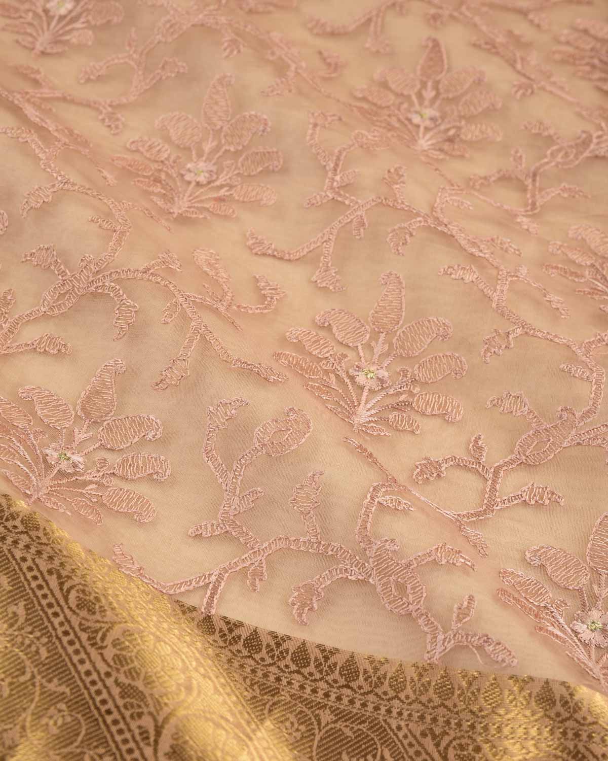 Rosy Brown Banarasi Resham Embroidery Woven Kora Silk Saree with Gold Zari Brocade Border Pallu-HolyWeaves