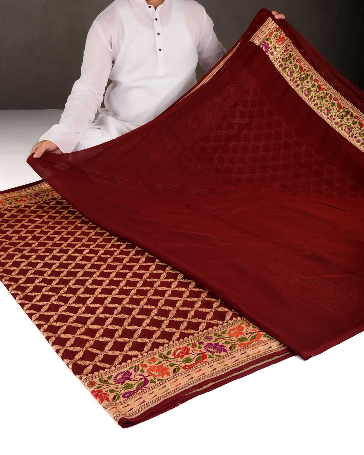 Maroon Gold Zari Cutwork Brocade Handwoven Khaddi Georgette Banarasi Saree with Peacock Parrot & Lotus Border Pallu-HolyWeaves