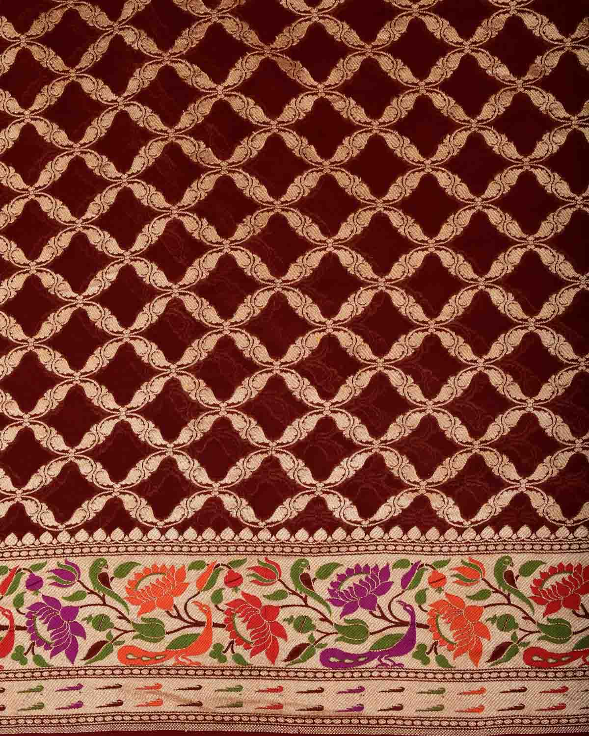 Maroon Gold Zari Cutwork Brocade Handwoven Khaddi Georgette Banarasi Saree with Peacock Parrot & Lotus Border Pallu-HolyWeaves