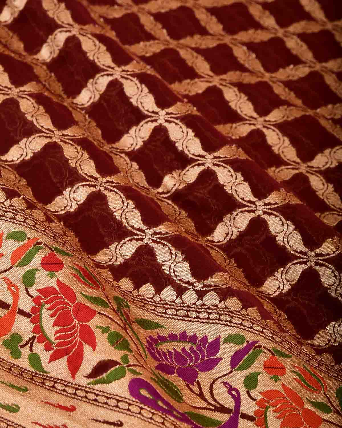 Maroon Gold Zari Cutwork Brocade Handwoven Khaddi Georgette Banarasi Saree with Peacock Parrot & Lotus Border Pallu-HolyWeaves