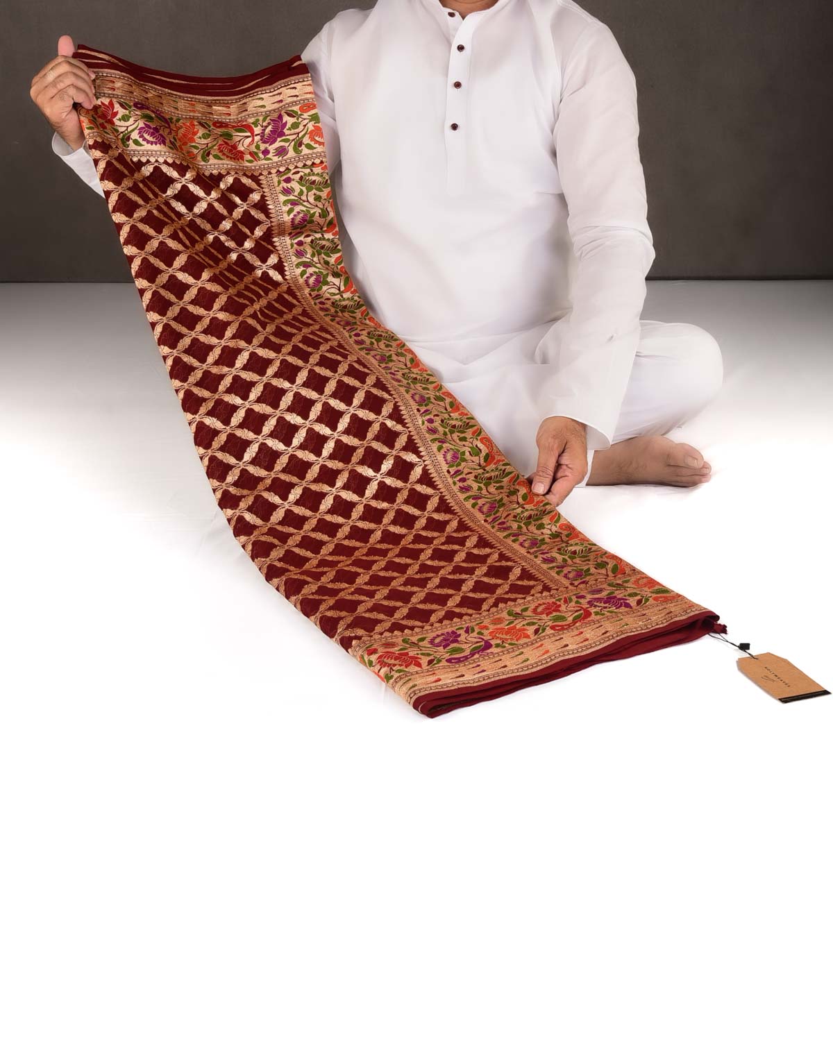 Maroon Gold Zari Cutwork Brocade Handwoven Khaddi Georgette Banarasi Saree with Peacock Parrot & Lotus Border Pallu-HolyWeaves