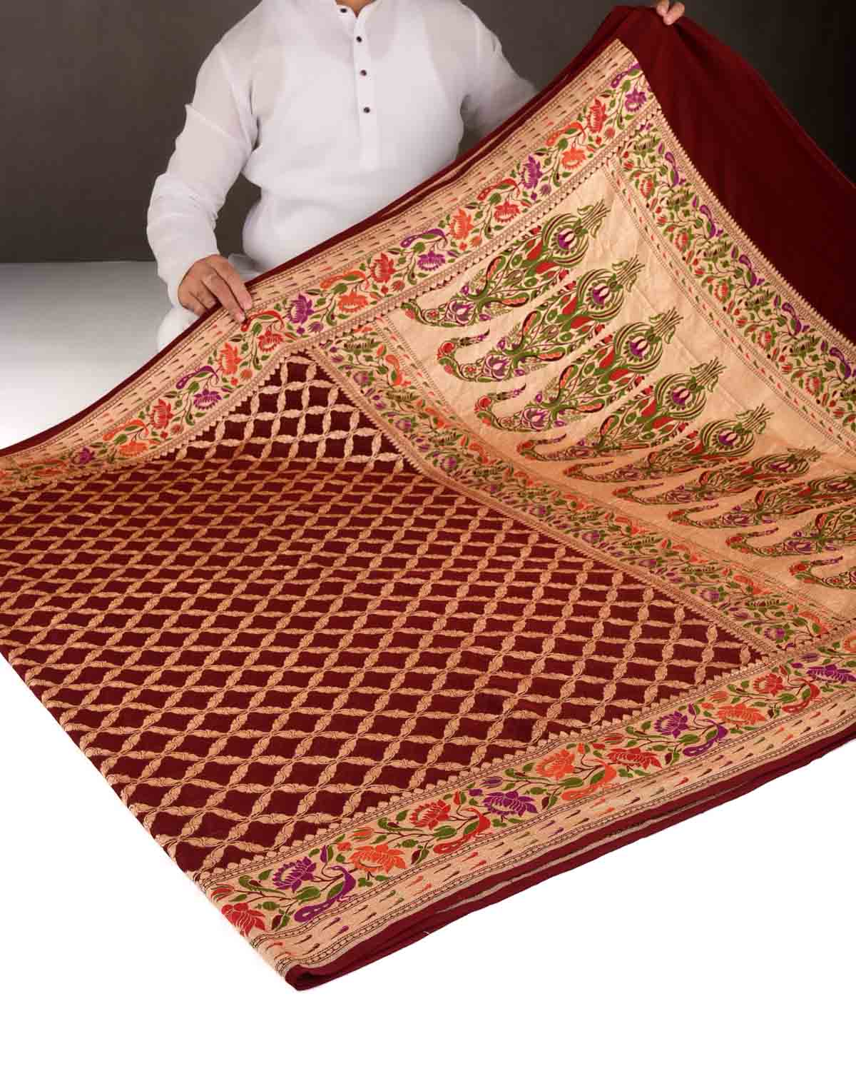 Maroon Gold Zari Cutwork Brocade Handwoven Khaddi Georgette Banarasi Saree with Peacock Parrot & Lotus Border Pallu-HolyWeaves