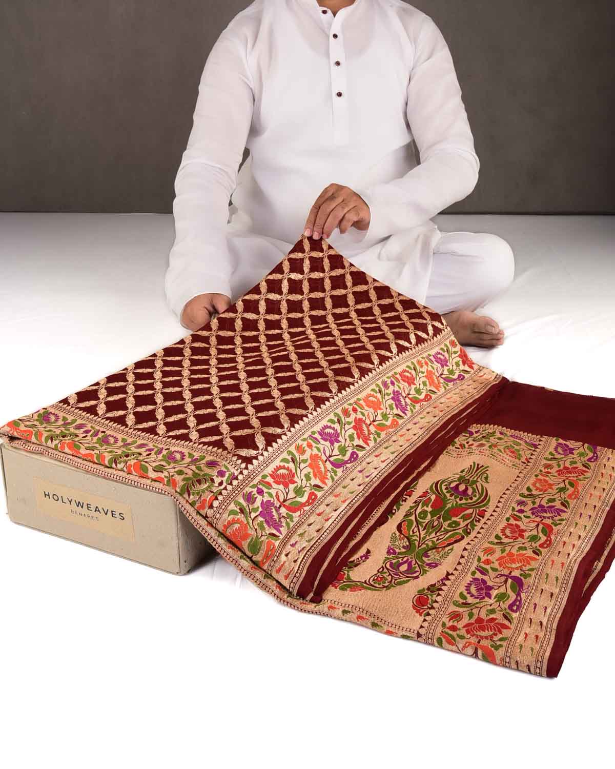 Maroon Gold Zari Cutwork Brocade Handwoven Khaddi Georgette Banarasi Saree with Peacock Parrot & Lotus Border Pallu-HolyWeaves