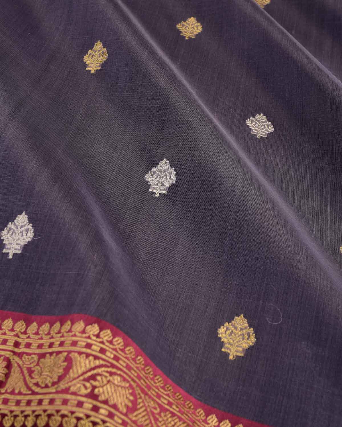 French Lilac Banarasi Gold & Silver Zari Buti Kadhuan Brocade Handwoven Kora Silk Saree-HolyWeaves