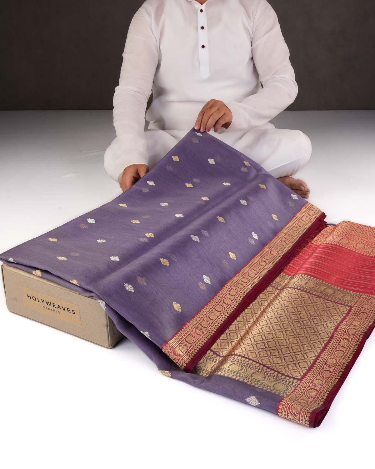 French Lilac Banarasi Gold & Silver Zari Buti Kadhuan Brocade Handwoven Kora Silk Saree-HolyWeaves